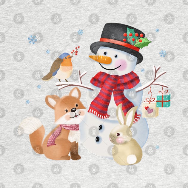 Snowman with forest animals by CalliLetters